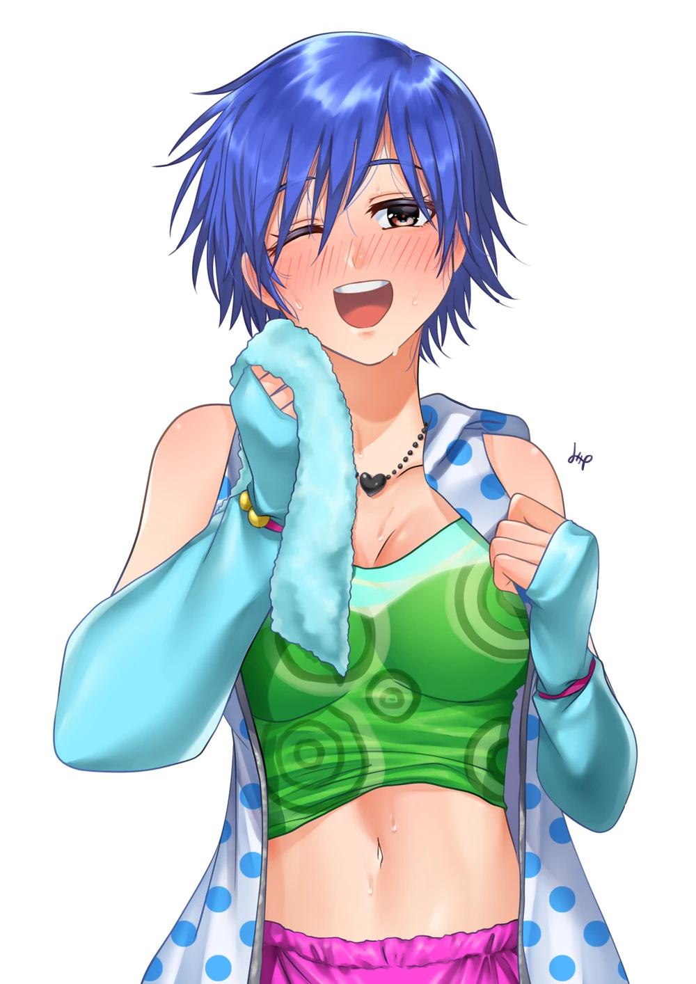 artist_request blue_hair blush collar dance_dance_revolution highres midriff non-web_source official_art one_eye_closed open_mouth short_hair smile toshiba_emi towel white_background
