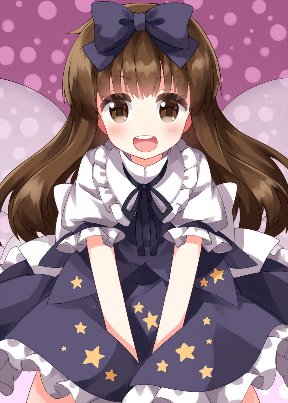 1girl back_bow bangs blue_bow blue_dress blue_ribbon blunt_bangs bow brown_eyes brown_hair collared_shirt dress fairy fairy_wings frilled_dress frilled_shirt_collar frills hair_bow happy highres long_hair looking_at_viewer neck_ribbon one-hour_drawing_challenge open_mouth pinafore_dress polka_dot polka_dot_background puffy_short_sleeves puffy_sleeves purple_background ribbon ruu_(tksymkw) shirt short_sleeves sidelocks simple_background solo star_(symbol) star_print star_sapphire teeth touhou upper_teeth very_long_hair waist_bow white_shirt wings