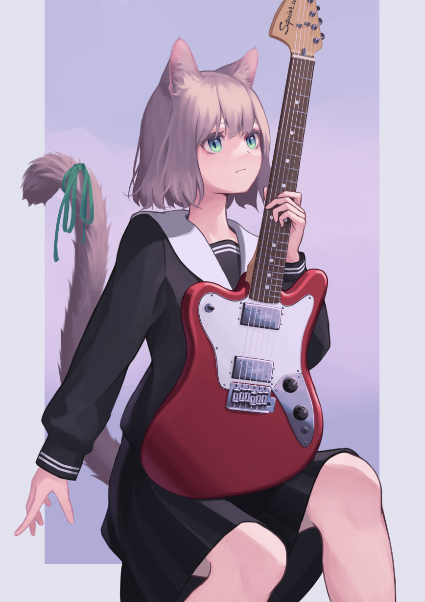 1girl animal_ears cat_ears cat_girl cat_tail electric_guitar green_eyes green_ribbon grey_hair guitar highres holding holding_instrument instrument original ribbon school_uniform short_hair sitting solo tail tail_ornament tail_ribbon unvrsms