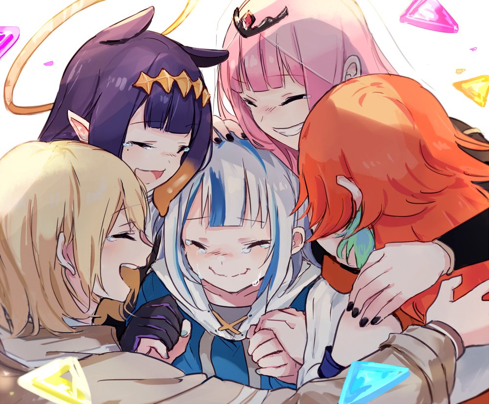 5girls bangs black_nails blonde_hair blue_hair blunt_bangs closed_eyes closed_mouth crying gawr_gura gloves group_hug hair_ornament halo hand_on_another's_head hand_on_another's_shoulder holding_hands hololive hololive_english holomyth hug long_hair mori_calliope multicolored_hair multiple_girls ninomae_ina'nis open_mouth orange_hair pink_hair purple_hair short_hair short_twintails smile takanashi_kiara tears tentacle_hair twintails two-tone_hair upper_body virtual_youtuber watson_amelia white_hair yuuyu_(777)