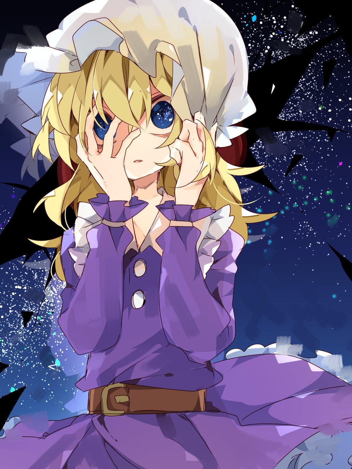 1girl bangs belt belt_buckle blonde_hair blue_eyes brown_belt buckle buttons collared_dress commentary crack dress frilled_shirt_collar frills gap_(touhou) hair_between_eyes hand_on_headwear hand_on_own_face hat highres holding holding_hair horrified long_hair long_sleeves looking_at_viewer maribel_hearn mob_cap nikorashi-ka one-hour_drawing_challenge open_mouth reflective_eyes sky smudge solo star_(sky) starry_sky touhou upper_body white_headwear