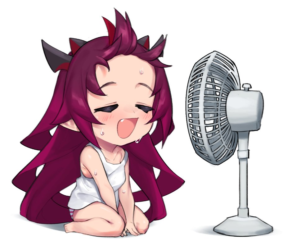 1girl barefoot chibi closed_eyes dasdokter electric_fan fang hololive hololive_english horns hot irys_(hololive) long_hair panties pointy_ears purple_hair sitting striped striped_panties sweat tank_top underwear virtual_youtuber wariza wind