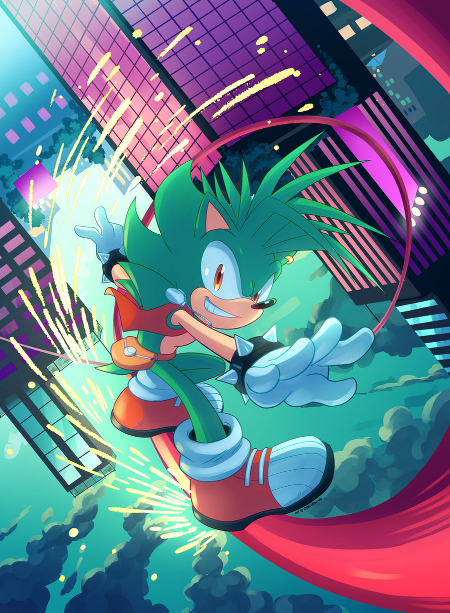 1boy animal_nose city clouds commission drawloverlala full_body gloves green_fur hedgehog_ears hedgehog_tail highres jacket male_focus manic_the_hedgehog medallion quill railing red_footwear sleeveless smile solo sonic_(series) sonic_underground sparks spiked_gloves spiky_hair teeth upside-down white_gloves yellow_eyes