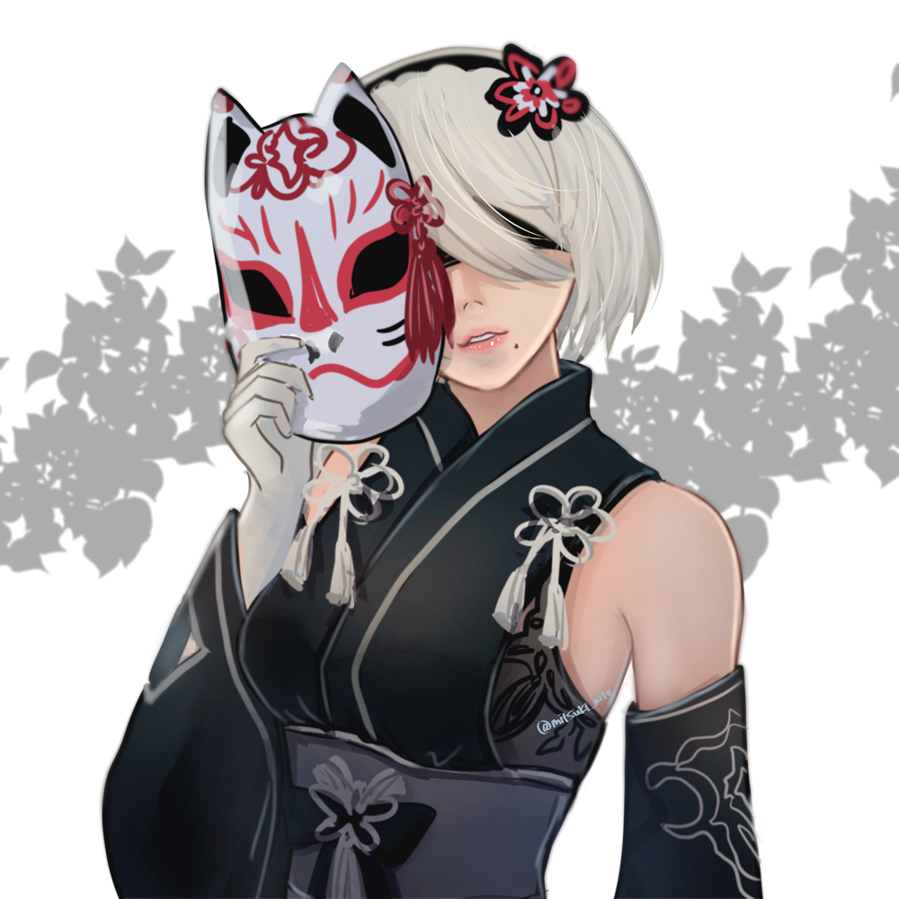 1girl bare_shoulders black_blindfold blindfold breasts dress elbow_gloves fox_mask gloves hairband japanese_clothes kimono looking_at_viewer mask mitsuki_nite mole mole_under_mouth nier_(series) nier_automata short_hair short_kimono simple_background smile solo white_hair yorha_no._2_type_b