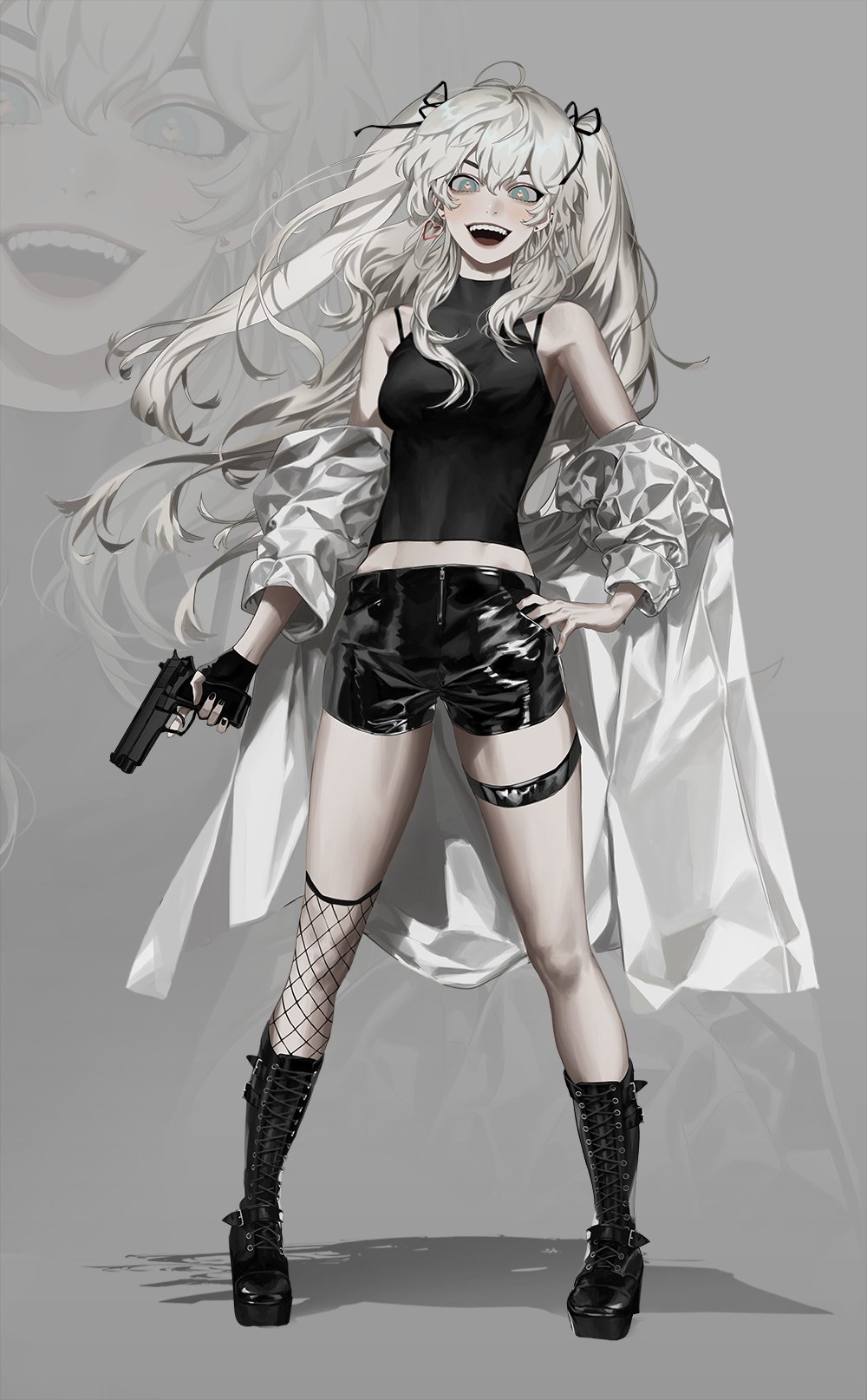 1girl blackbox_(blackbox9158) blue_eyes boots breasts full_body grey_background gun hair_between_eyes handgun hands_on_hips heart heart-shaped_pupils highres holding holding_weapon jacket jacket_partially_removed korean_commentary legband long_hair looking_at_viewer medium_breasts navel open_mouth original pistol shorts sleeveless smile solo symbol-shaped_pupils twintails upper_body weapon white_hair