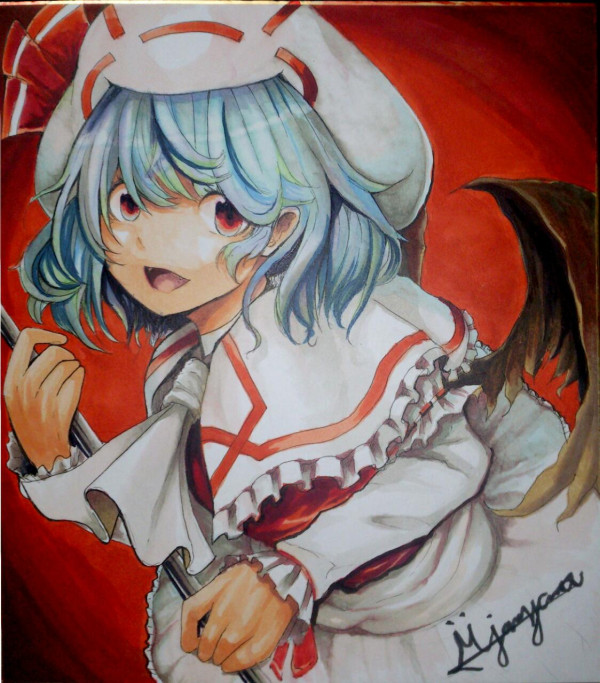 1girl :d ascot bangs bat_wings blue_hair capelet commentary_request cowboy_shot dress fang frilled_capelet frilled_sleeves frills hair_between_eyes holding jonasan_(bad-t) long_sleeves looking_at_viewer open_mouth red_background red_eyes red_vest remilia_scarlet shikishi short_hair signature smile solo touhou traditional_media vest white_ascot white_capelet white_dress white_headwear wings