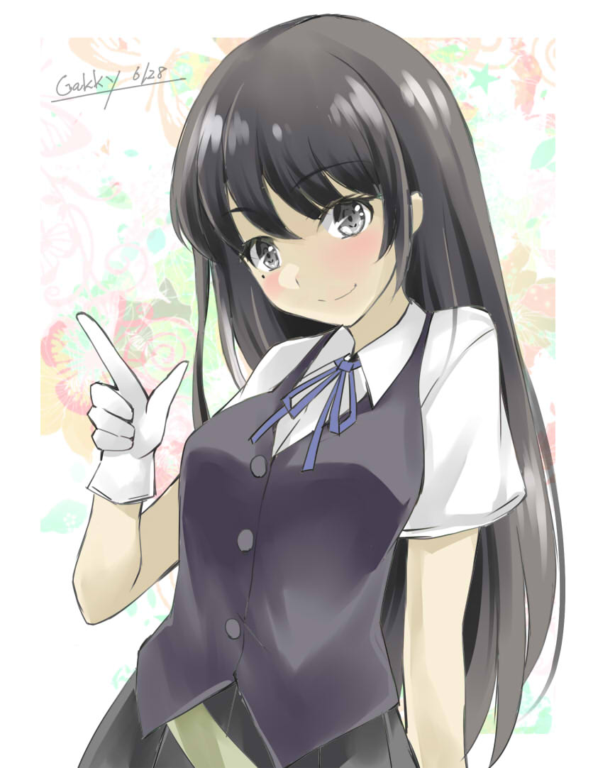 1girl black_hair black_skirt black_vest blue_ribbon dress gakky gloves grey_eyes hayashio_(kancolle) index_finger_raised kantai_collection long_hair mole mole_under_eye one-hour_drawing_challenge pleated_dress pleated_skirt ribbon school_uniform shirt skirt solo upper_body vest white_gloves white_shirt