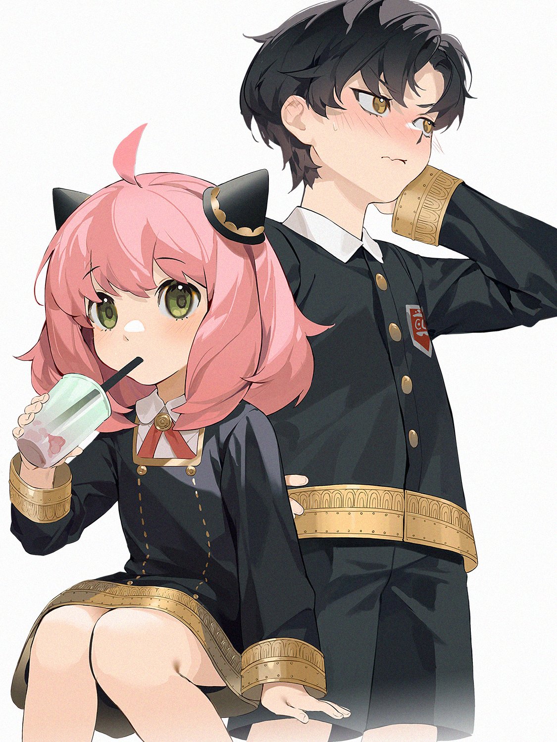 1boy 1girl ahoge anya_(spy_x_family) arm_at_side arm_support bangs black_dress black_hair black_jacket black_shorts blush brown_eyes child closed_mouth collared_shirt commentary cup damian_desmond disposable_cup dress drinking drinking_straw drinking_straw_in_mouth eden_academy_uniform embarrassed english_commentary fake_horns feet_out_of_frame female_child green_eyes hair_ornament hand_on_hip hand_up highres holding holding_cup horns invisible_chair jacket long_sleeves looking_at_viewer looking_away male_child medium_hair mouth_hold neck_ribbon pinafore_dress pink_hair ribbon school_uniform shirt short_hair shorts simple_background sitting spy_x_family standing thigh-highs wavy_mouth white_background white_shirt xiaojiaju