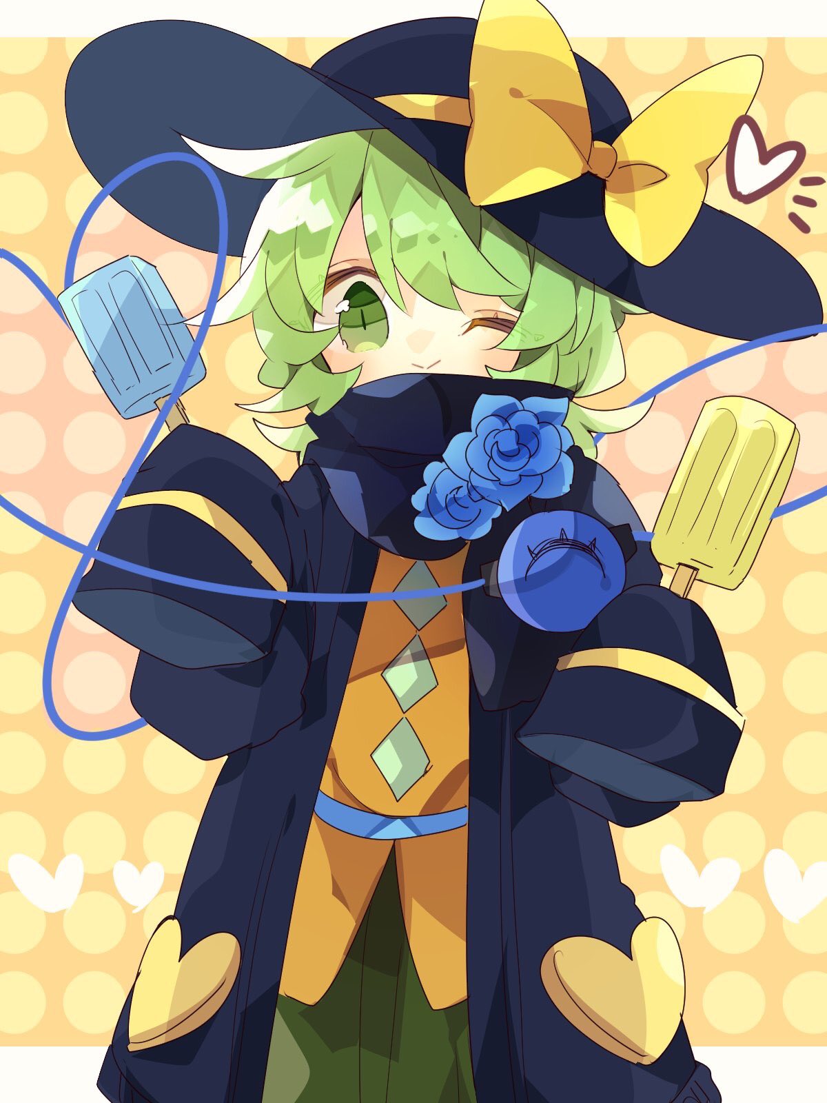 1girl ;&gt; adapted_costume bangs black_coat black_headwear black_scarf blue_flower blue_rose bow buttons coat commentary cowboy_shot diamond_button dotted_background flower food green_eyes green_hair green_skirt hat hat_bow heart heart_of_string highres holding holding_ice_cream jacket komeiji_koishi long_sleeves looking_at_viewer medium_hair nikorashi-ka one-hour_drawing_challenge open_clothes open_jacket popsicle rose scarf skirt sleeves_past_fingers sleeves_past_wrists solo third_eye touhou wide_sleeves winter_clothes yellow_bow