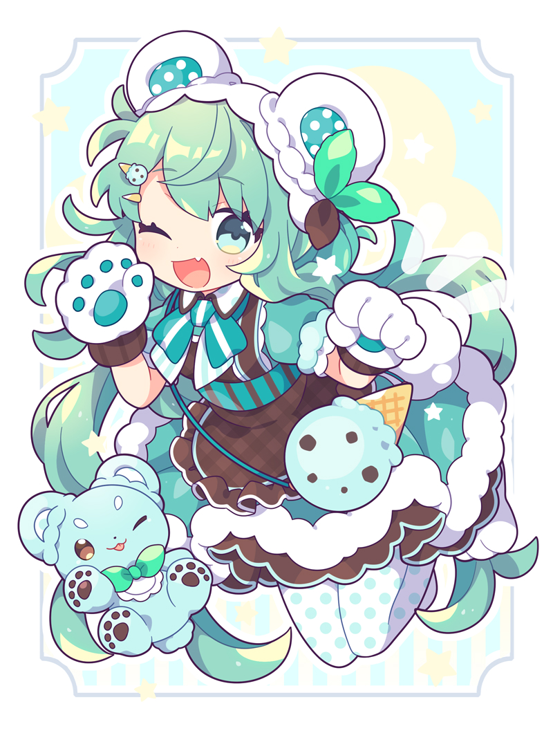 1girl :d animal_ears animal_hands apron bangs bear bear_ears blush bow bowtie collared_dress dress fake_animal_ears fang food food-themed_bag food-themed_clothes food-themed_hair_ornament fur_trim gloves green_eyes green_hair hair_ornament hairclip ice_cream ice_cream_hair_ornament jumping koguma105 layered_dress leaf leaf_on_head long_hair looking_at_viewer low_twintails mint mint_chocolate_chip one_eye_closed open_mouth original paw_gloves paw_shoes polka_dot polka_dot_legwear short_sleeves skin_fang smile solo twintails very_long_hair
