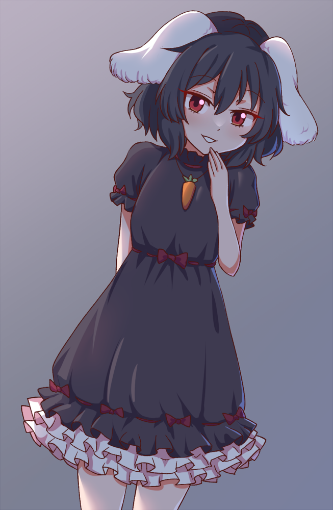 1girl alternate_color animal_ears black_dress black_hair carrot_necklace dress floppy_ears inaba_tewi player_2 puffy_short_sleeves puffy_sleeves rabbit_ears rabbit_girl red_eyes ribbon-trimmed_dress ribbon-trimmed_skirt ribbon_trim short_hair short_sleeves solo touhou wavy_hair wool_(miwol)