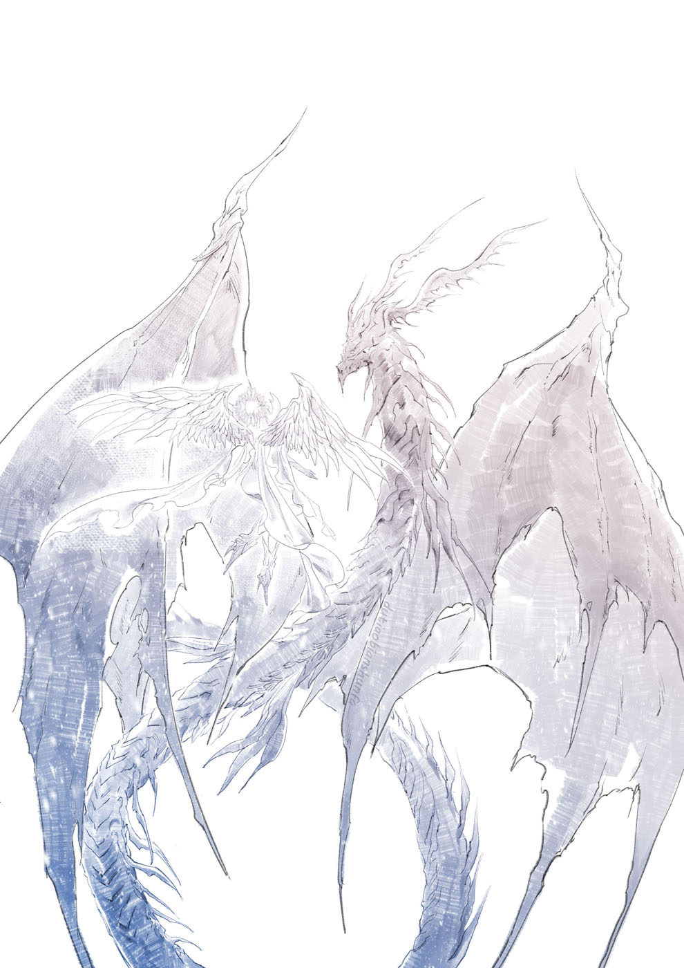 1girl artist_name commentary daongong dragon english_commentary feathered_wings final_fantasy final_fantasy_xiv floating full_body halo highres horns hydaelyn limited_palette midgardsormr outstretched_arm simple_background white_background wings