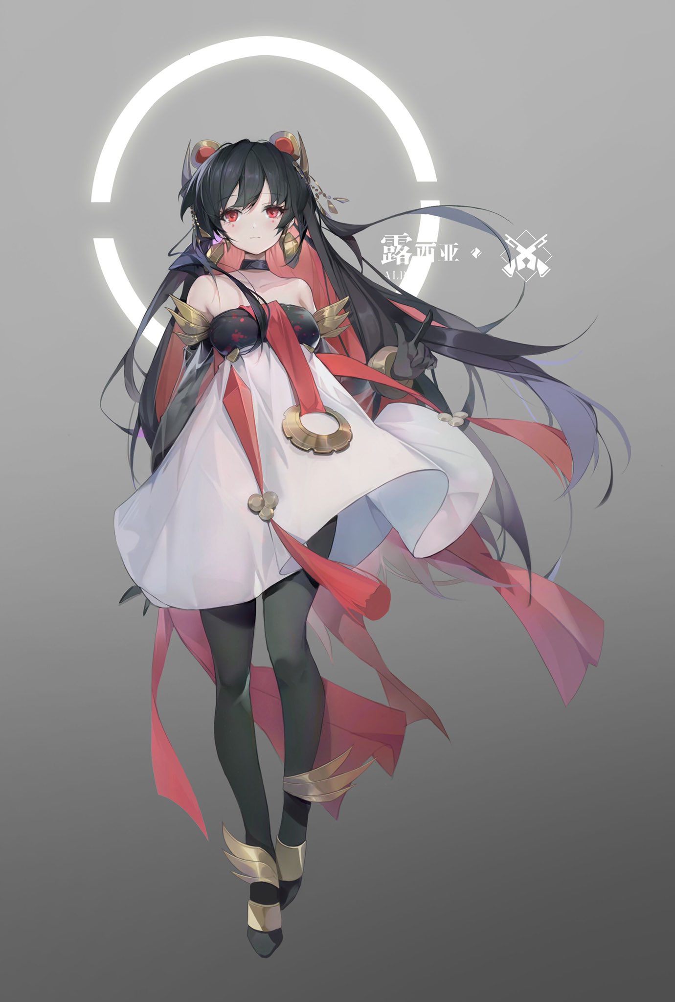 black_hair claw_(rjtd7274) collar dress earrings gloves gold highres jewelry long_hair looking_at_viewer lucia_(punishing:_gray_raven) multicolored_hair punishing:_gray_raven red_eyes smile two-tone_hair very_long_hair