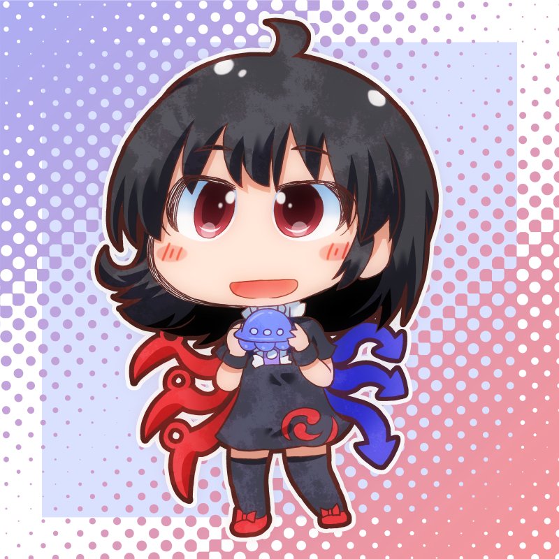 1girl ahoge asymmetrical_wings bangs black_dress black_hair black_legwear blue_wings blush bow buttons center_frills chibi commentary_request dress footwear_bow frilled_dress frills full_body holding houjuu_nue matty_(zuwzi) one-hour_drawing_challenge open_mouth red_bow red_eyes red_footwear red_wings short_dress short_hair short_sleeves smile solo thigh-highs tomoe_(symbol) touhou ufo wings wristband