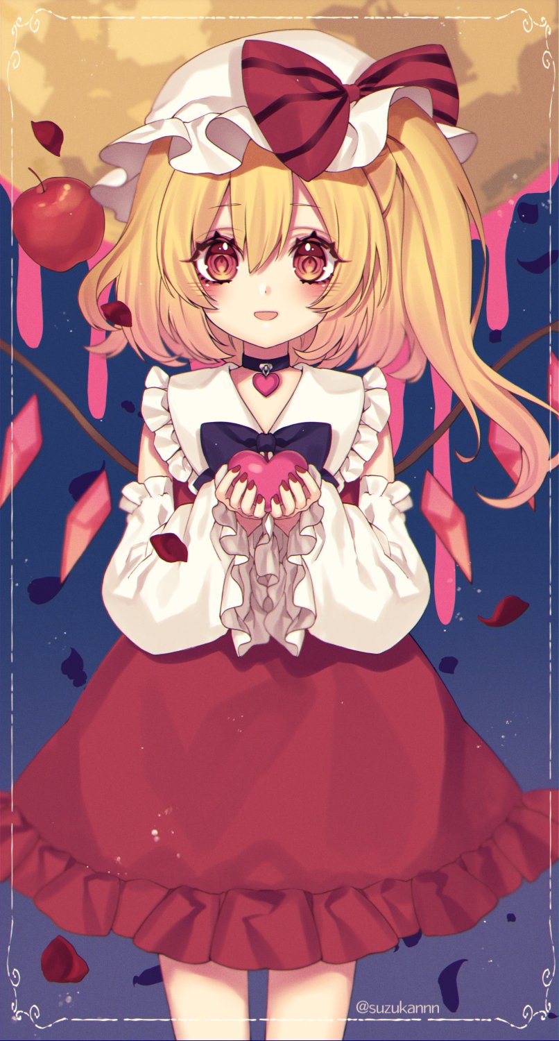1girl bangs bare_shoulders black_bow black_choker blue_background blush bow bowtie choker collared_dress commentary_request crystal detached_sleeves dress fingernails flandre_scarlet frills gradient gradient_background hair_between_eyes hands_up hat hat_bow heart highres jewelry kyouda_suzuka long_fingernails long_sleeves looking_at_viewer mob_cap moon nail_polish one_side_up open_mouth petals puffy_long_sleeves puffy_sleeves purple_background purple_bow purple_bowtie red_bow red_dress red_eyes red_nails short_hair smile solo standing striped striped_bow touhou twitter_username white_headwear wings