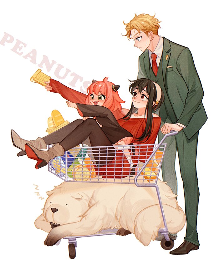 1boy 2girls :d anya_(spy_x_family) bag baguette bangs black_hair blonde_hair blush bond_(spy_x_family) boots bottle bow bowtie box bread can child dog dress english_text food formal frown ginmu green_eyes groceries hairband hairpods high_heel_boots high_heels holding holding_notepad in_shopping_cart lapel_pin long_hair long_sleeves looking_ahead looking_down looking_up multiple_girls necktie notepad off-shoulder_dress off_shoulder open_mouth outstretched_arm pantyhose paper_bag pink_hair pointing pushing_cart red_eyes shopping_cart short_hair sidelocks sitting sleeping sleeves_past_wrists smile socks spy_x_family standing standing_on_one_leg suit sweat sweater sweater_dress traditional_bowtie twilight_(spy_x_family) very_long_hair yor_briar zzz