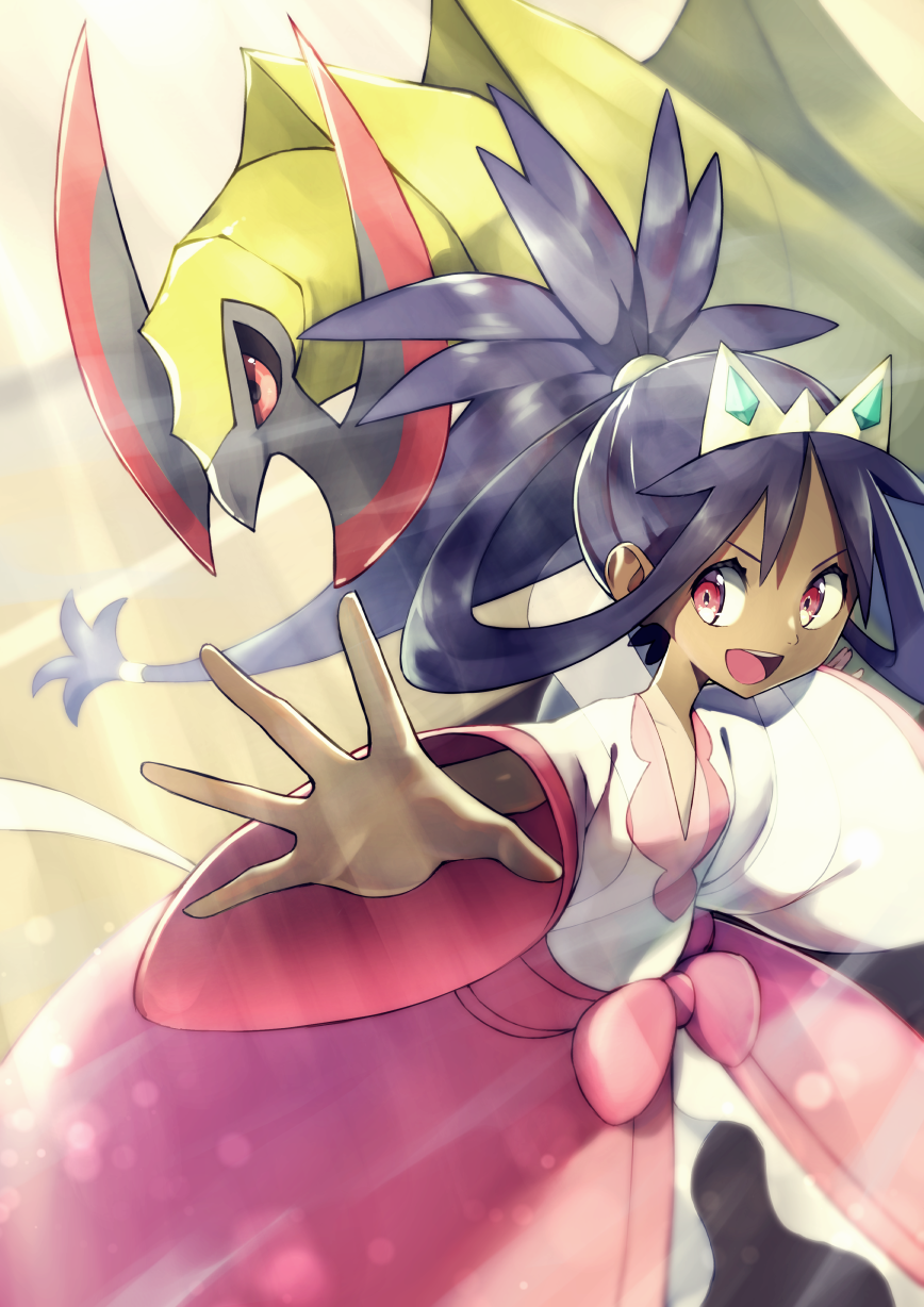 1girl :d bangs bow dark-skinned_female dark_skin dress haxorus highres iris_(pokemon) long_hair long_sleeves open_mouth outstretched_arms pink_bow pokemon pokemon_(anime) pokemon_(creature) pokemon_journeys ponytail purple_hair red_eyes rindoriko smile teeth tiara tongue upper_teeth very_long_hair wide_sleeves