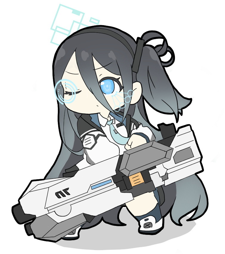 1girl arisu_(blue_archive) bangs black_hair black_hairband black_legwear blue_archive blue_eyes blue_necktie chibi closed_mouth collared_shirt commentary_request full_body hair_between_eyes hairband halo holding holding_weapon holographic_interface jacket long_hair long_sleeves looking_away necktie nyaru_(nyaru_4126) one_eye_closed one_side_up open_clothes open_jacket parted_bangs puffy_long_sleeves puffy_sleeves railgun shadow shirt shoes simple_background socks solo standing very_long_hair weapon white_background white_footwear white_jacket white_shirt