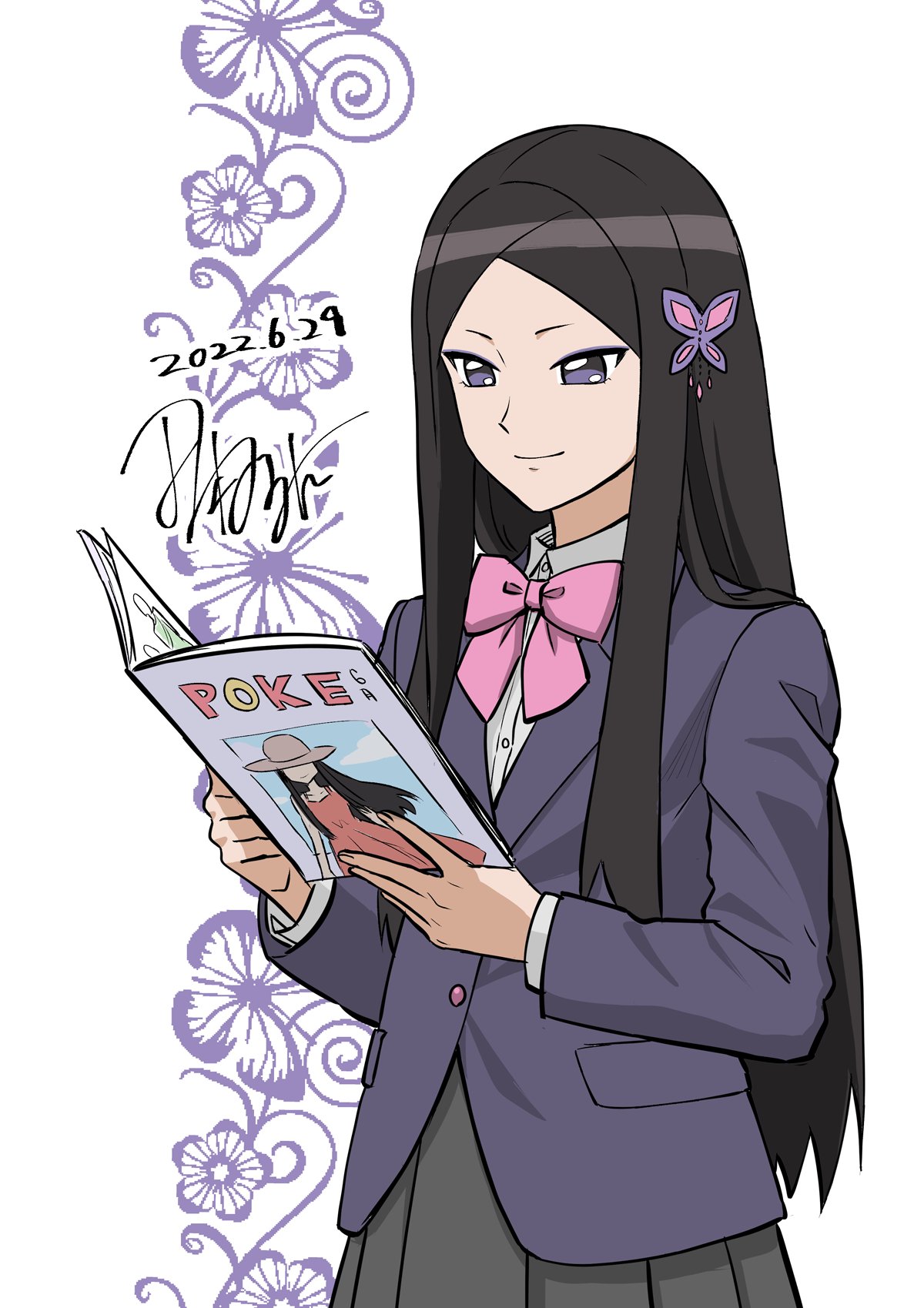 1girl alternate_costume bangs black_hair book bow bowtie buttons closed_mouth collared_shirt commentary_request dated grey_eyes highres holding holding_book jacket long_hair long_sleeves one-hour_drawing_challenge parted_bangs pink_bow pink_bowtie pleated_skirt pokemon pokemon_(anime) pokemon_xy_(anime) reading shirt sidelocks signature skirt smile solo tamura_(kouititamura) valerie_(pokemon)