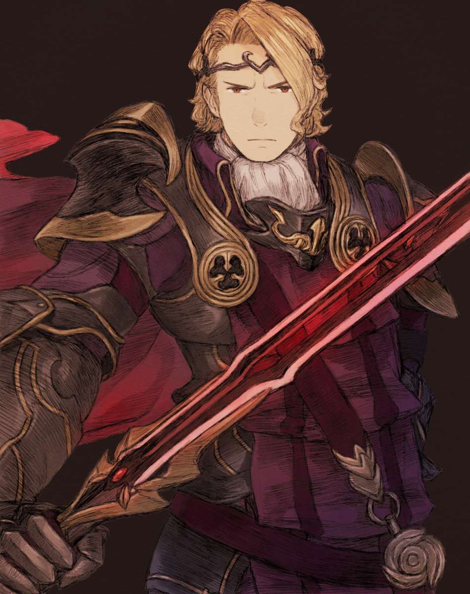 1boy armor bangs blonde_hair closed_mouth collared_shirt fire_emblem fire_emblem_fates highres holding holding_sword holding_weapon looking_at_viewer maekakekamen medium_hair parted_bangs red_eyes shirt shoulder_armor solo sword tiara upper_body weapon xander_(fire_emblem)