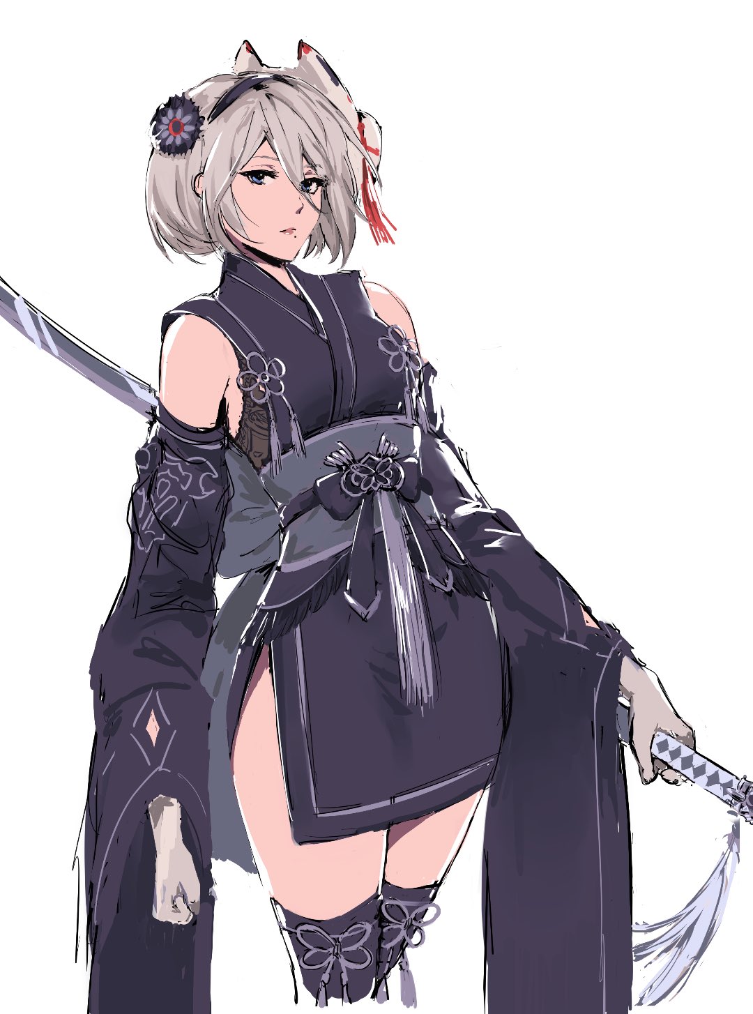 1girl back_bow black_legwear bow cropped_legs detached_sleeves flower gloves grey_hair hair_flower hair_ornament hairband highres japanese_clothes kimono kivavis looking_at_viewer mask mask_on_head nier_(series) nier_automata obi official_alternate_costume sash short_kimono side_slit simple_background solo sword thighs virtuous_contract weapon white_gloves yorha_no._2_type_b