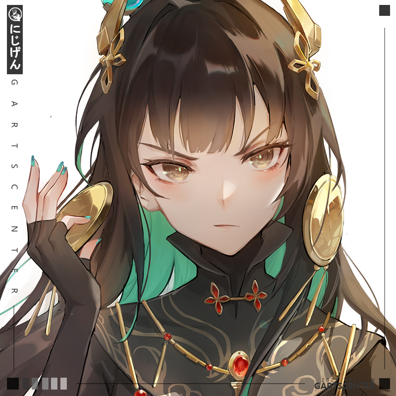 black_hair chinese_clothes crown earrings g-arts glaring gold_earrings green_hair grey_eyes jewelry long_eyelashes long_hair looking_at_viewer multicolored_hair nail_polish pout punishing:_gray_raven qu_(punishing:_gray_raven) tagme two-tone_hair