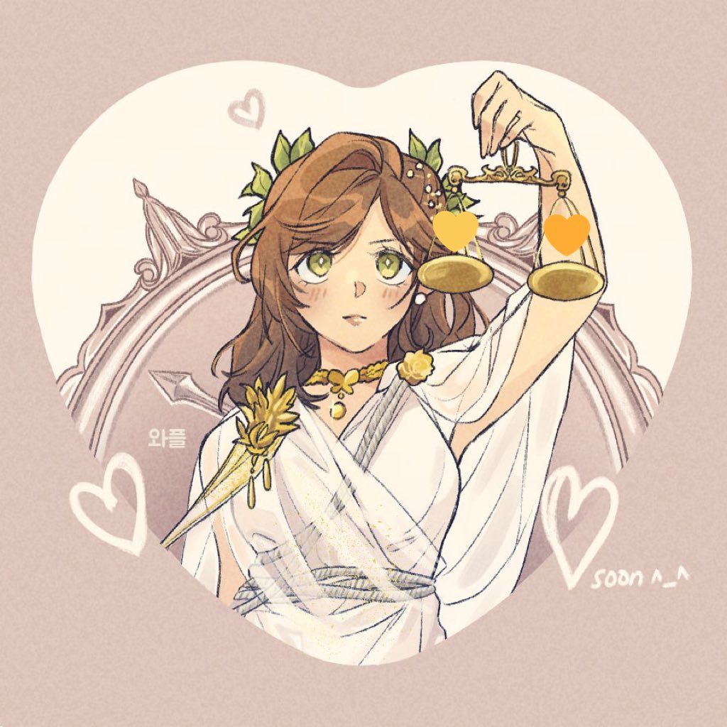 1girl arm_up armpits bangs brown_hair closed_mouth earrings green_eyes heart holding jewelry lever long_hair necklace pink_background rosa_(tears_of_themis) see-through solo tears_of_themis toga waffletop wreath