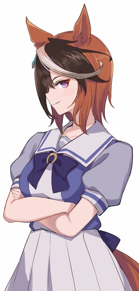 1girl alternate_hair_length alternate_hairstyle animal_ears blue_shirt breasts closed_mouth crossed_arms horse_ears horse_girl horse_tail kusanagi_kaoru medium_breasts multicolored_hair puffy_short_sleeves puffy_sleeves sailor_collar school_uniform shirt short_hair short_sleeves sideways_glance sideways_mouth simple_background skirt smile solo streaked_hair symboli_rudolf_(umamusume) tail tracen_school_uniform umamusume upper_body violet_eyes white_background white_skirt