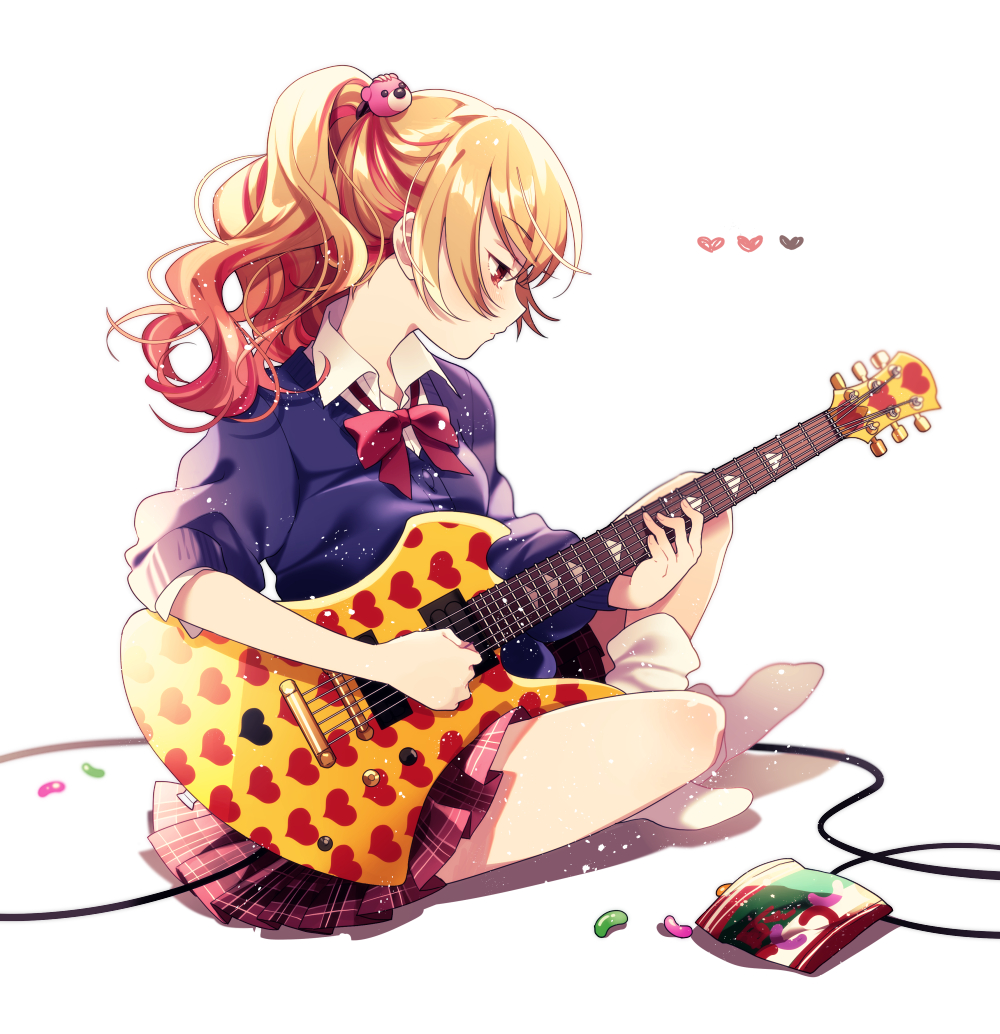 1girl ayumaru_(art_of_life) bangs bear_hair_ornament blush cable candy cardigan collared_shirt electric_guitar expressionless food from_side guitar hair_ornament half-closed_eyes heart heart_print indian_style instrument jelly_bean long_hair long_sleeves looking_down loose_socks music neck_ribbon no_shoes orange_hair original plaid plaid_skirt playing_instrument pleated_skirt print_guitar profile red_eyes ribbon school_uniform shirt sitting skirt sleeves_pushed_up solo twintails wrapper