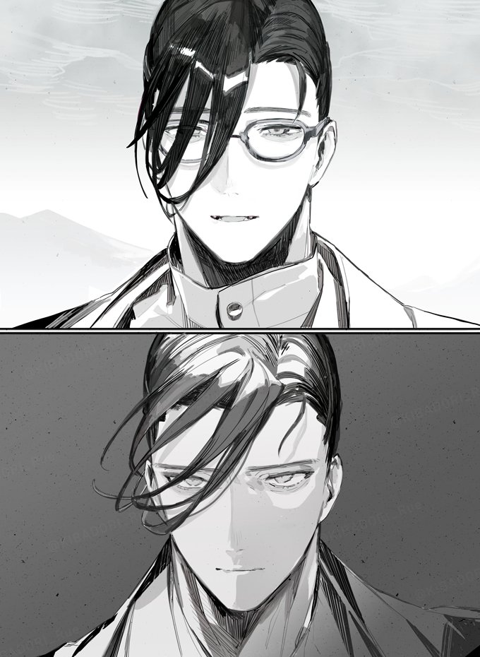 1boy :d closed_mouth fangs fate/grand_order fate_(series) glasses greyscale hair_over_one_eye japanese_clothes jitome kibadori_rue kimono looking_at_viewer male_focus monochrome multiple_views portrait serious short_hair smile yamanami_keisuke_(fate)