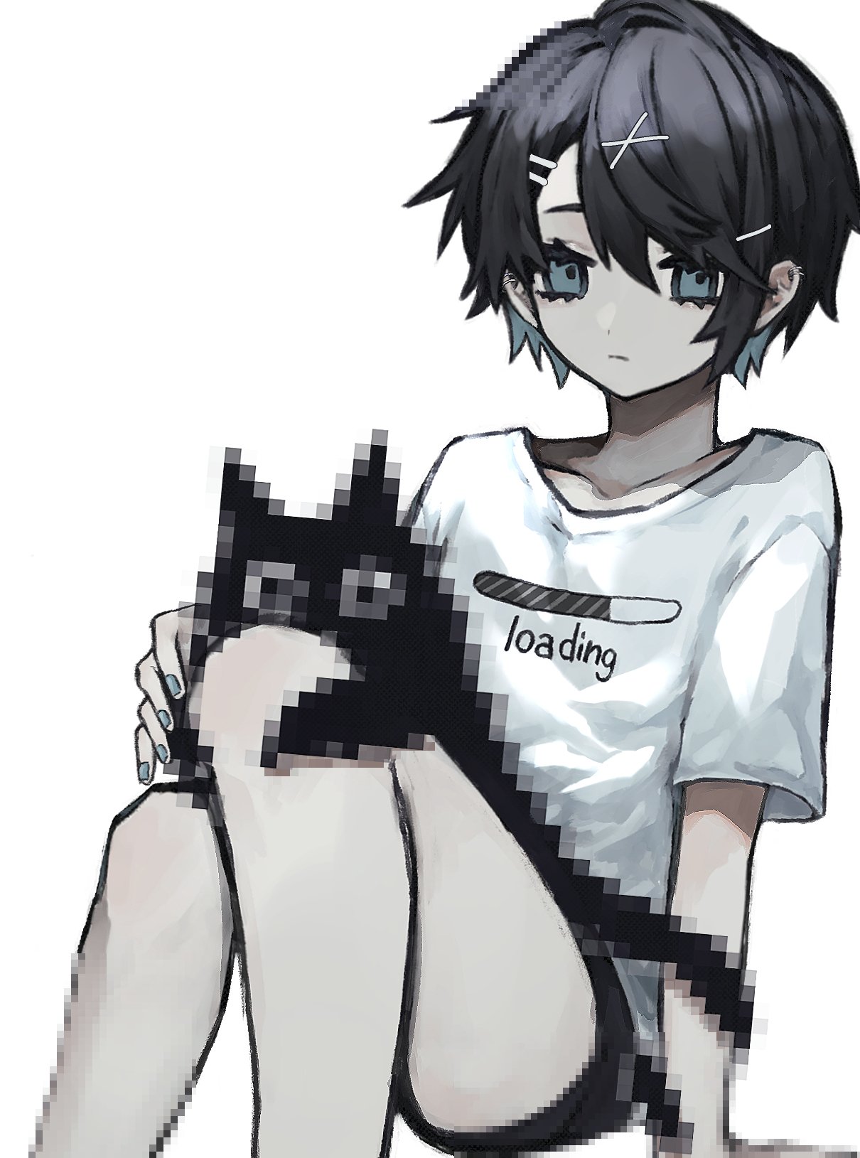 1girl animal_on_lap black_cat black_hair black_shorts blue_eyes blue_nails cat cat_on_lap censored collarbone ear_piercing english_commentary feet_out_of_frame hair_ornament hairclip highres knees_up loading_screen looking_at_viewer mosaic_censoring on_lap original piercing shirt short_hair short_sleeves shorts sitting solo t-shirt taezuodoru_0 white_background white_shirt
