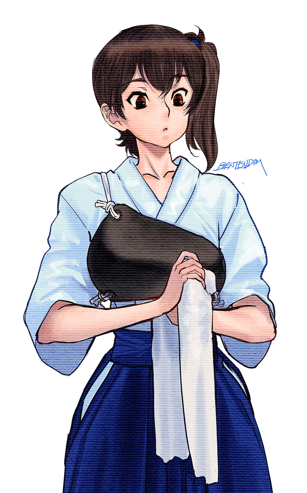 armor blue_skirt breastplate brown_eyes brown_hair collarbone hakama hakama_skirt highres holding holding_towel japanese_clothes kaga_(kancolle) kantai_collection looking_at_viewer side_ponytail skirt solo towel white_background white_hakama yonemura_kouichirou