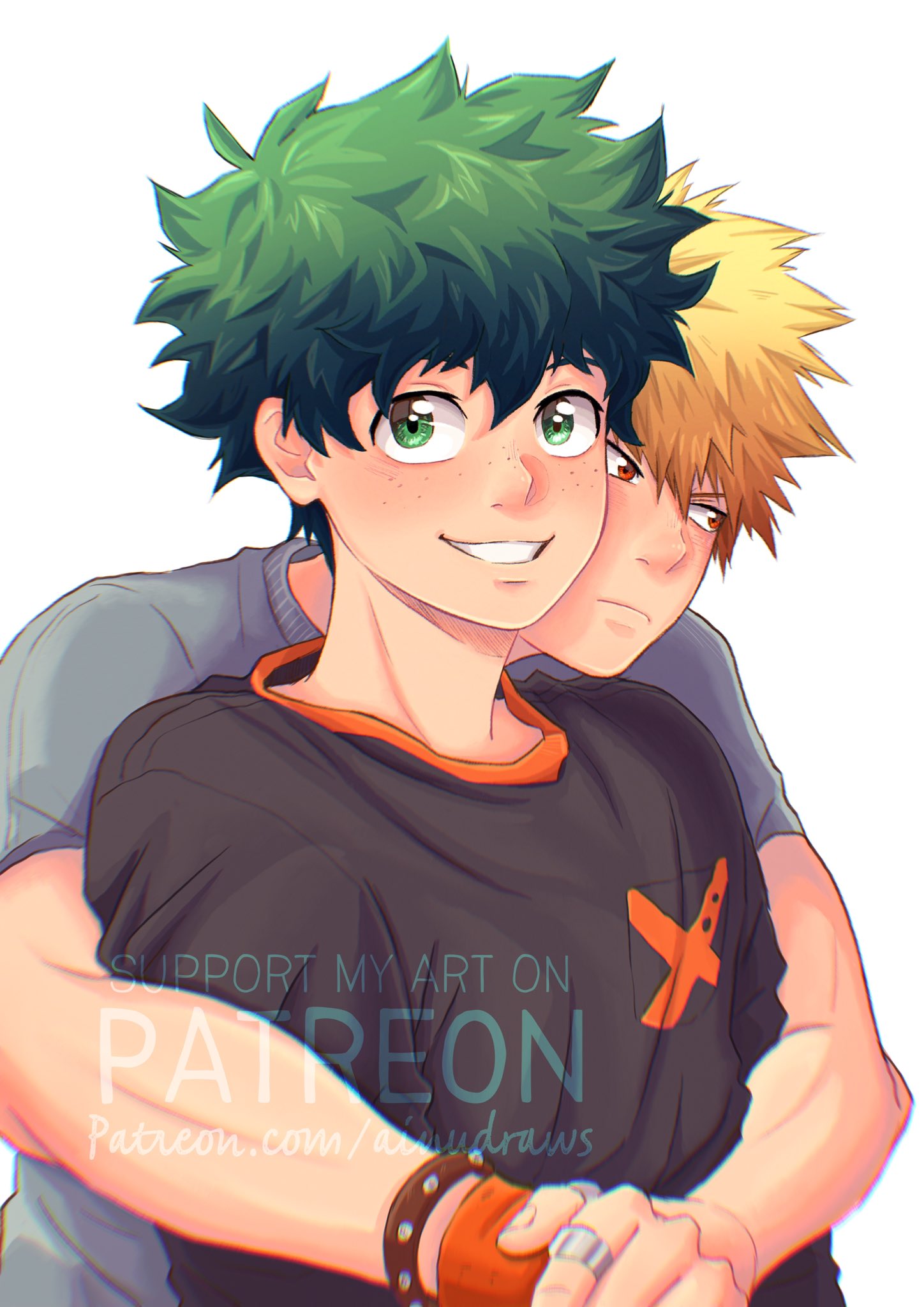 2boys ainudraws bakugou_katsuki bangs black_shirt blonde_hair boku_no_hero_academia closed_eyes freckles green_eyes green_hair grey_shirt highres male_focus midoriya_izuku multiple_boys patreon_username red_eyes redhead shirt short_hair smile spikes t-shirt teeth white_background wrist