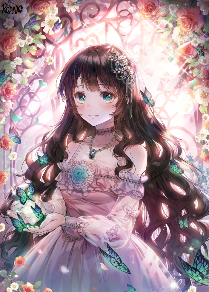 1girl backlighting bangs blunt_bangs blush breasts brown_hair bug butterfly commentary cowboy_shot dress eyebrows_behind_hair floral_background green_eyes jewelry long_hair looking_at_viewer necklace off_shoulder original parted_lips pink_dress roang small_breasts smile solo sunlight window