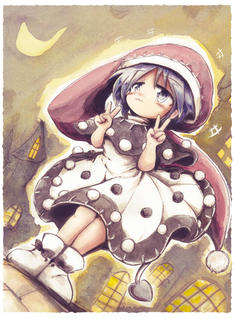 1girl :3 black_capelet capelet closed_mouth commentary_request doremy_sweet double_v dress full_body hat kouba nightcap outdoors purple_hair red_headwear short_hair solo standing touhou v violet_eyes white_dress white_footwear window