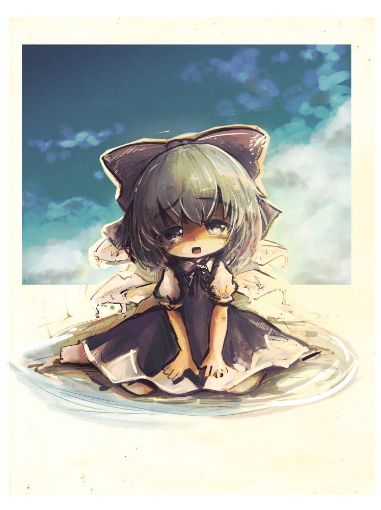 1girl black_ribbon blue_bow blue_dress blue_hair bow cirno collared_shirt come_hither commentary_request dress hair_bow head_tilt hot ice ice_wings kouba melting neck_ribbon pinafore_dress puddle puffy_short_sleeves puffy_sleeves ribbon shirt short_hair short_sleeves sitting solo touhou wariza white_shirt wings