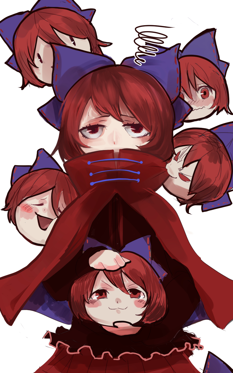 1girl :3 bangs biting black_shirt blue_bow blush bow cloak closed_mouth commentary_request cowboy_shot disembodied_head hair_bow highres holding_head jonasan_(bad-t) long_sleeves one-hour_drawing_challenge open_mouth red_cloak red_eyes red_skirt redhead sekibanki shirt short_hair simple_background skirt smile solo squiggle touhou wavy_mouth white_background yukkuri_shiteitte_ne