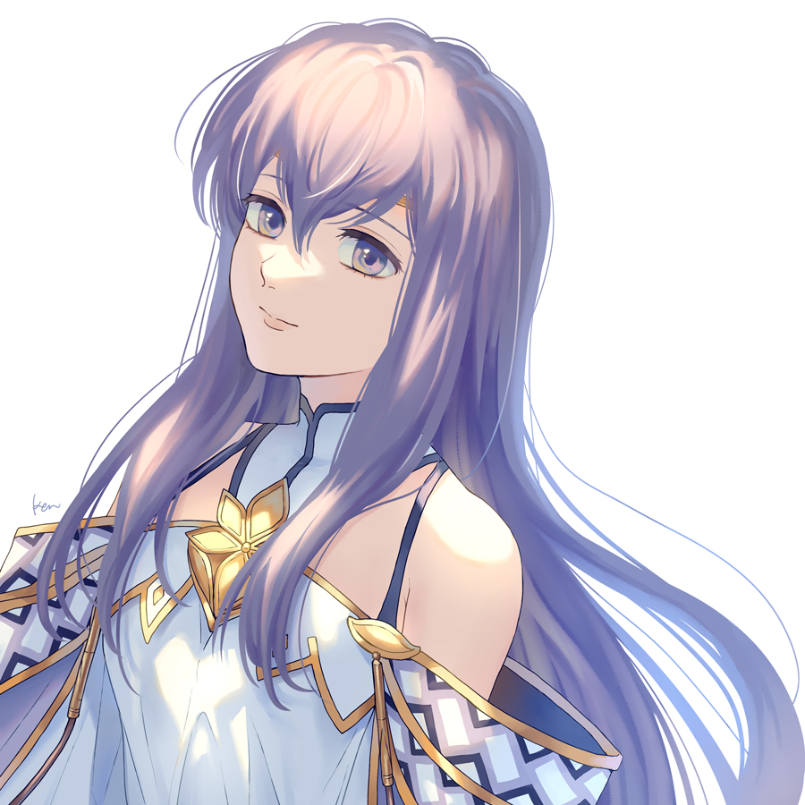 1girl akke bangs character_request circlet closed_mouth dress fire_emblem floating_hair hair_between_eyes long_hair purple_hair simple_background smile solo straight_hair upper_body very_long_hair violet_eyes white_background white_dress