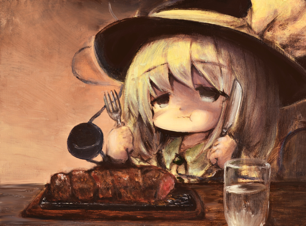 1girl black_headwear brown_background chewing closed_mouth commentary_request eating eyeball food fork frilled_shirt_collar frills glass hat hat_ribbon holding holding_fork holding_knife knife komeiji_koishi kouba ribbon simple_background solo steak third_eye touhou upper_body yellow_ribbon