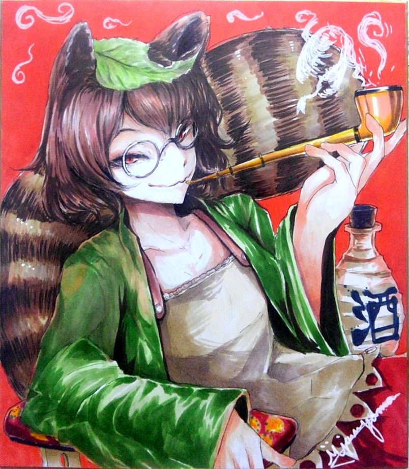 1girl animal_ears bangs bottle brown_hair camisole closed_mouth commentary_request futatsuiwa_mamizou glasses green_jacket jacket jonasan_(bad-t) kiseru leaf leaf_on_head looking_at_viewer open_clothes open_jacket pince-nez raccoon_ears raccoon_girl raccoon_tail red_background red_skirt round_eyewear sake_bottle shikishi short_hair signature skirt smile smoke smoking smoking_pipe solo tail touhou traditional_media upper_body yellow_camisole