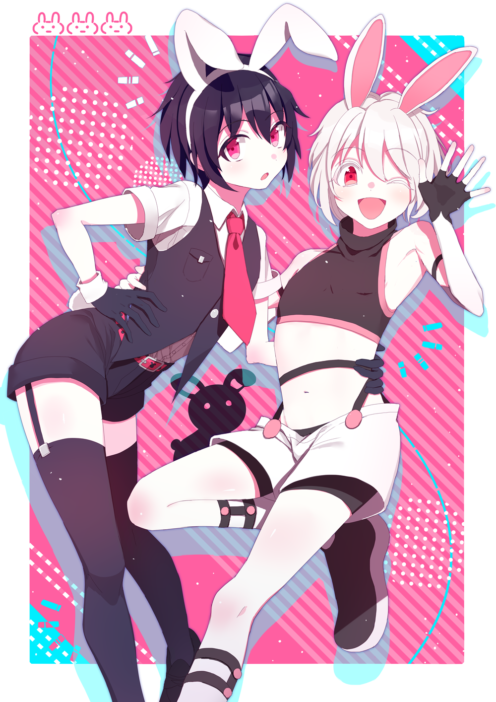 2boys androgynous animal_ears black_shirt black_vest brown_hair crop_top fake_animal_ears formal full_body garter_straps gloves hands_on_hips highres looking_at_viewer male_focus multiple_boys one_eye_closed open_mouth original otoko_no_ko pink_trim pml rabbit_boy rabbit_ears red_eyes shirt short_hair shorts smile suit thigh-highs vest waving white_hair white_shirt white_shorts