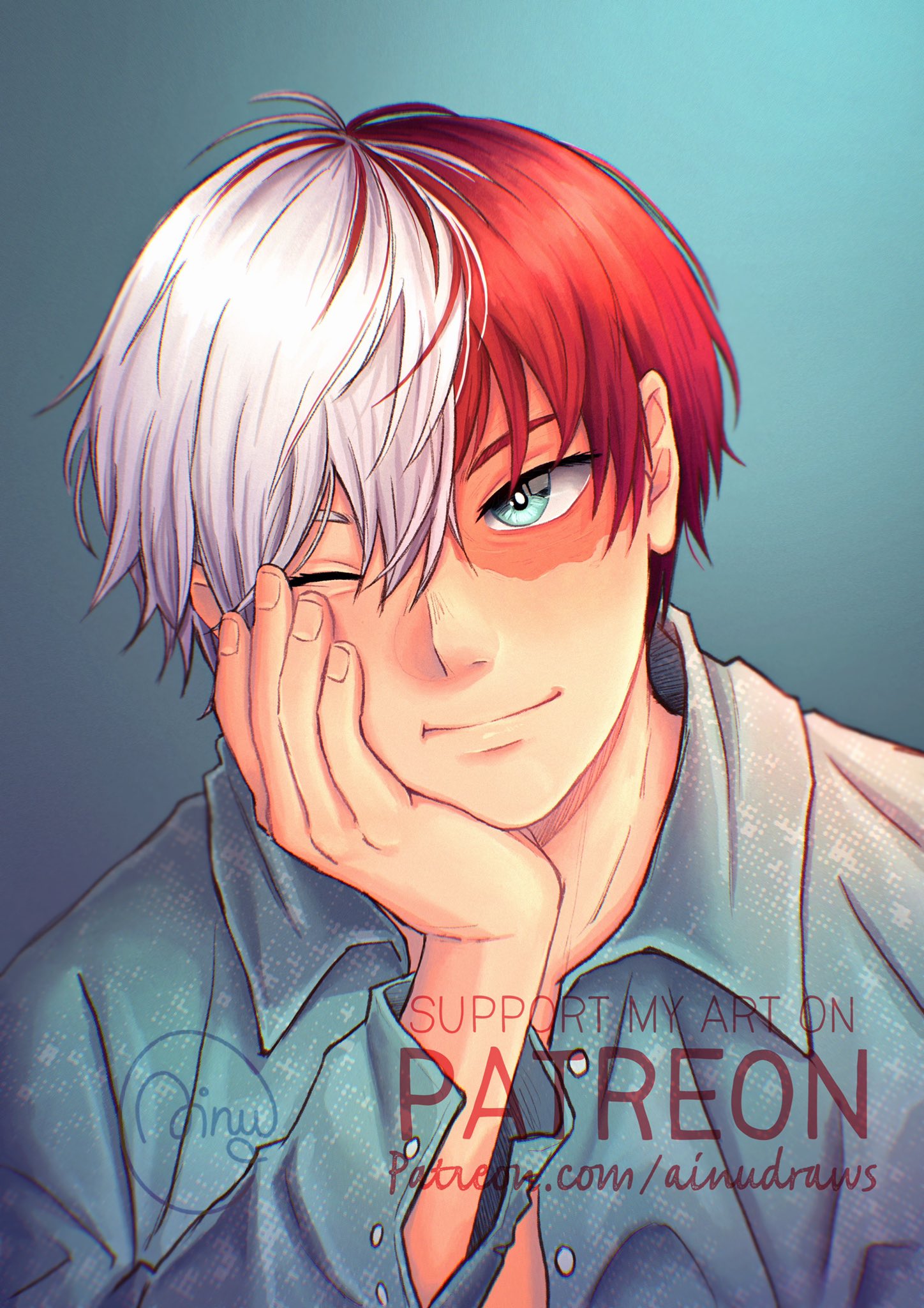 1boy ainudraws aqua_eyes blue_shirt boku_no_hero_academia burn_scar closed_eyes highres male_focus multicolored_hair one_eye_closed patreon_username redhead scar scar_on_face shirt smile split-color_hair todoroki_shouto toned toned_male two-tone_hair white_hair