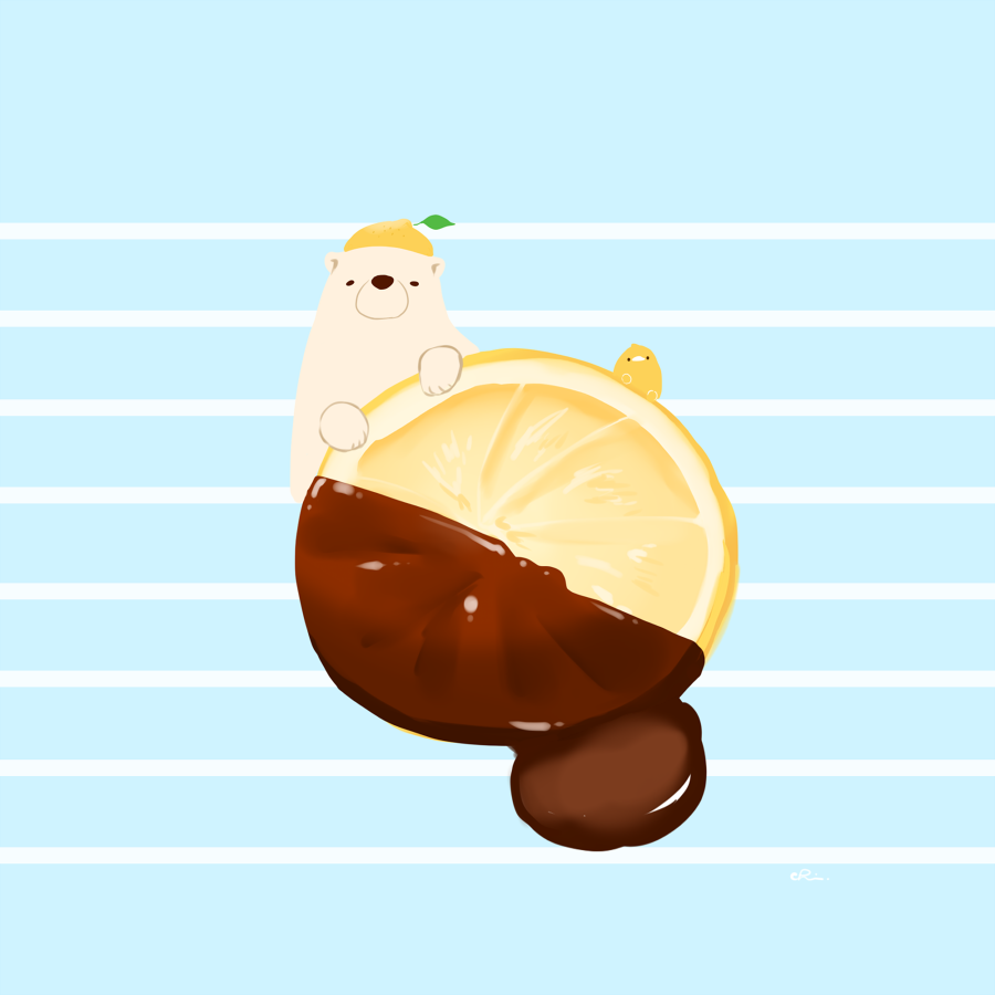 animal bear bird chai_(drawingchisanne) chocolate commentary food fruit hat lemon looking_at_viewer no_humans original polar_bear signature simple_background two-tone_background