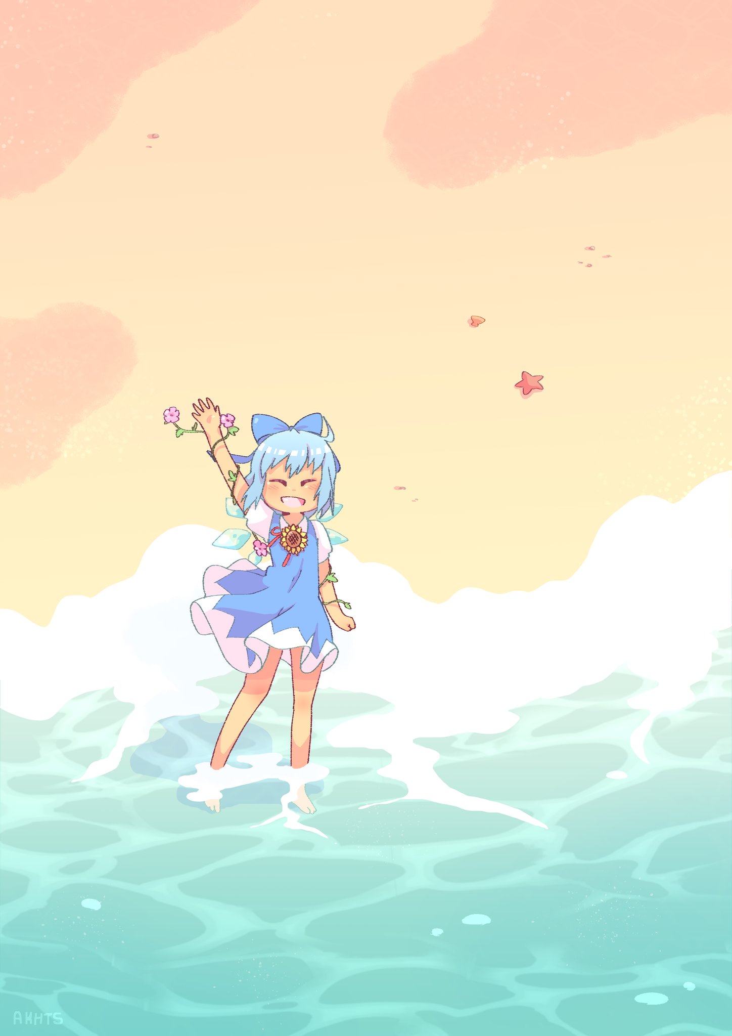 1girl akhts arm_up artist_name barefoot beach blue_bow blue_dress blue_hair blush bow cirno closed_eyes collared_shirt dark-skinned_female dark_skin detached_wings dress english_commentary flower full_body hair_bow highres neck_ribbon ocean open_mouth outdoors pinafore_dress promotional_art puffy_short_sleeves puffy_sleeves purple_flower red_ribbon ribbon seashell shell shirt short_hair short_sleeves solo standing sunflower tanned_cirno touhou wading waves waving white_shirt wings yellow_flower