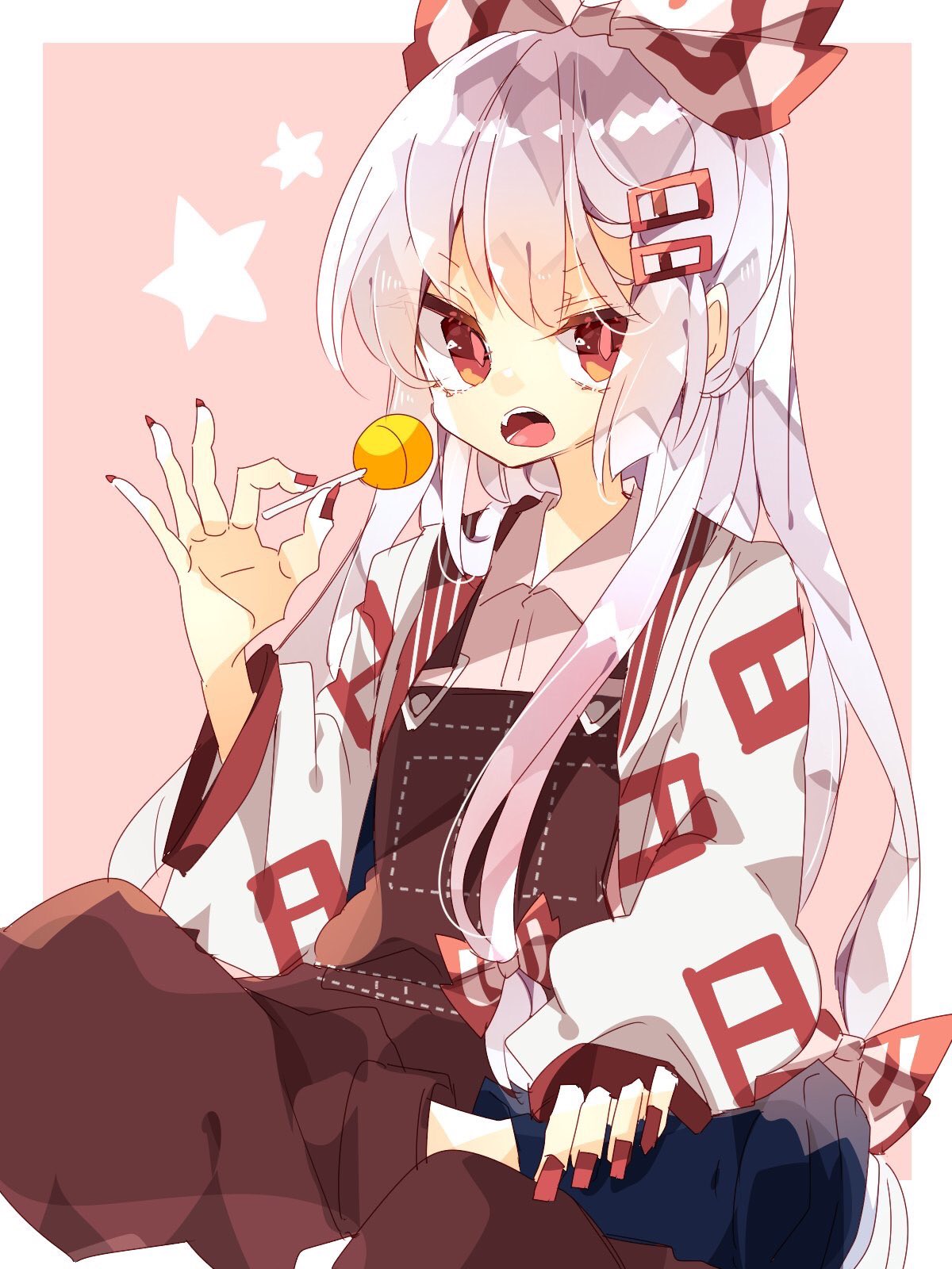 1girl adapted_costume bangs black_footwear boots bow candy collared_shirt commentary food foot_out_of_frame fujiwara_no_mokou hair_bow hair_ornament hairclip highres holding holding_candy holding_food holding_lollipop lollipop long_hair long_sleeves looking_at_viewer nikorashi-ka one-hour_drawing_challenge open_mouth overalls puffy_sleeves red_bow red_eyes red_nails red_overalls shirt sitting solo star_(symbol) suspenders teeth touhou two-tone_bow white_bow white_hair white_shirt