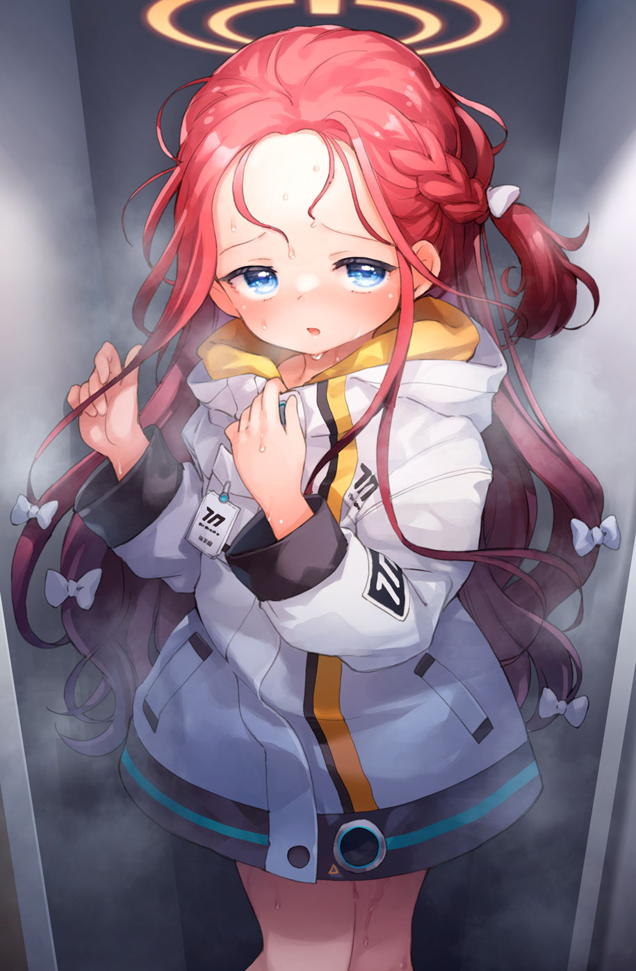 1girl blue_archive blue_eyes dripping forehead halo hot id_card jacket locker logo long_hair looking_at_viewer open_mouth redhead simple_background solo solo_focus sweat sweating_profusely yuzu_(blue_archive)