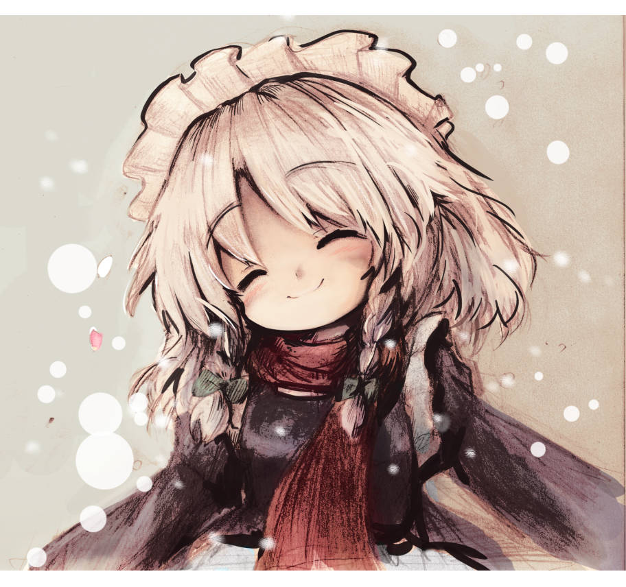 1girl braid closed_eyes closed_mouth commentary_request facing_viewer grey_hair izayoi_sakuya kouba long_sleeves maid_headdress medium_hair red_scarf scarf smile solo touhou twin_braids