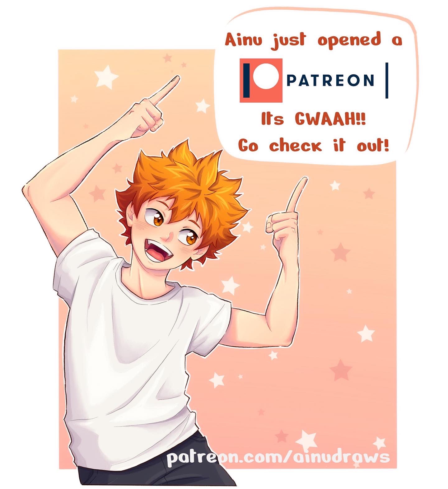 1boy ainudraws black_pants english_text haikyuu!! highres hinata_shouyou male_focus open_mouth orange_eyes orange_hair pants patreon_logo patreon_username shirt short_hair smile t-shirt white_shirt