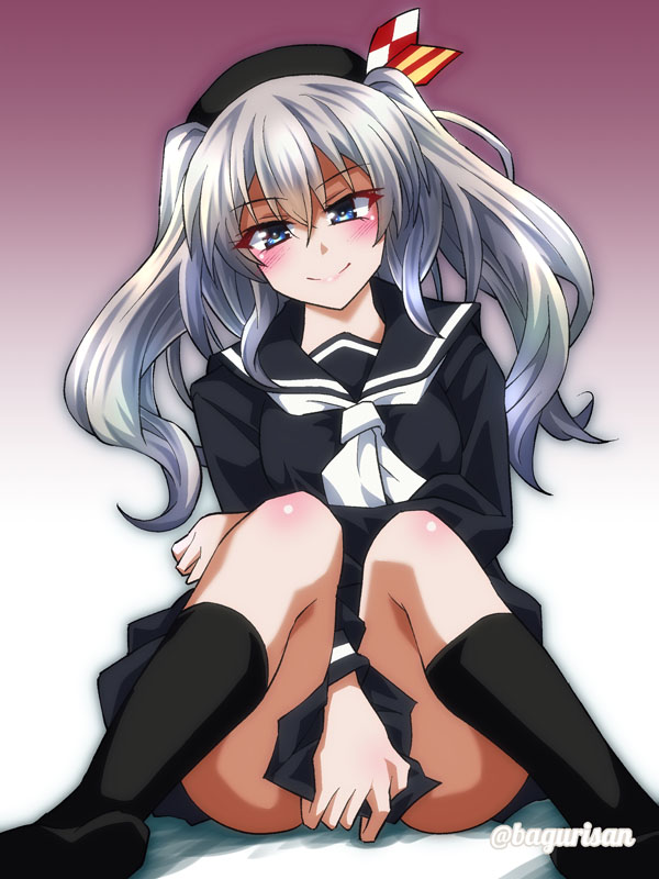 1girl akichin_(atelier_baguri) alternate_costume beret black_headwear black_legwear black_serafuku black_shirt black_skirt blue_eyes breasts grey_hair hat kantai_collection kashima_(kancolle) kneehighs long_sleeves looking_at_viewer medium_breasts miniskirt neckerchief school_uniform serafuku shirt sidelocks sitting skirt smile solo twintails wavy_hair white_neckerchief