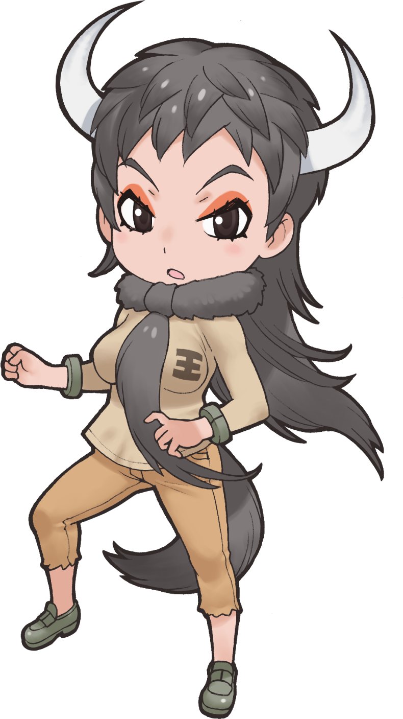 1girl animal_costume black_eyes eyeshadow game_cg grey_hair highres horns jewelry juuou_wildebeest_(kemono_friends) kemono_friends long_hair looking_at_viewer makeup official_art open_mouth pants ring scarf shirt shoes solo standing tachi-e tail transparent_background yoshizaki_mine